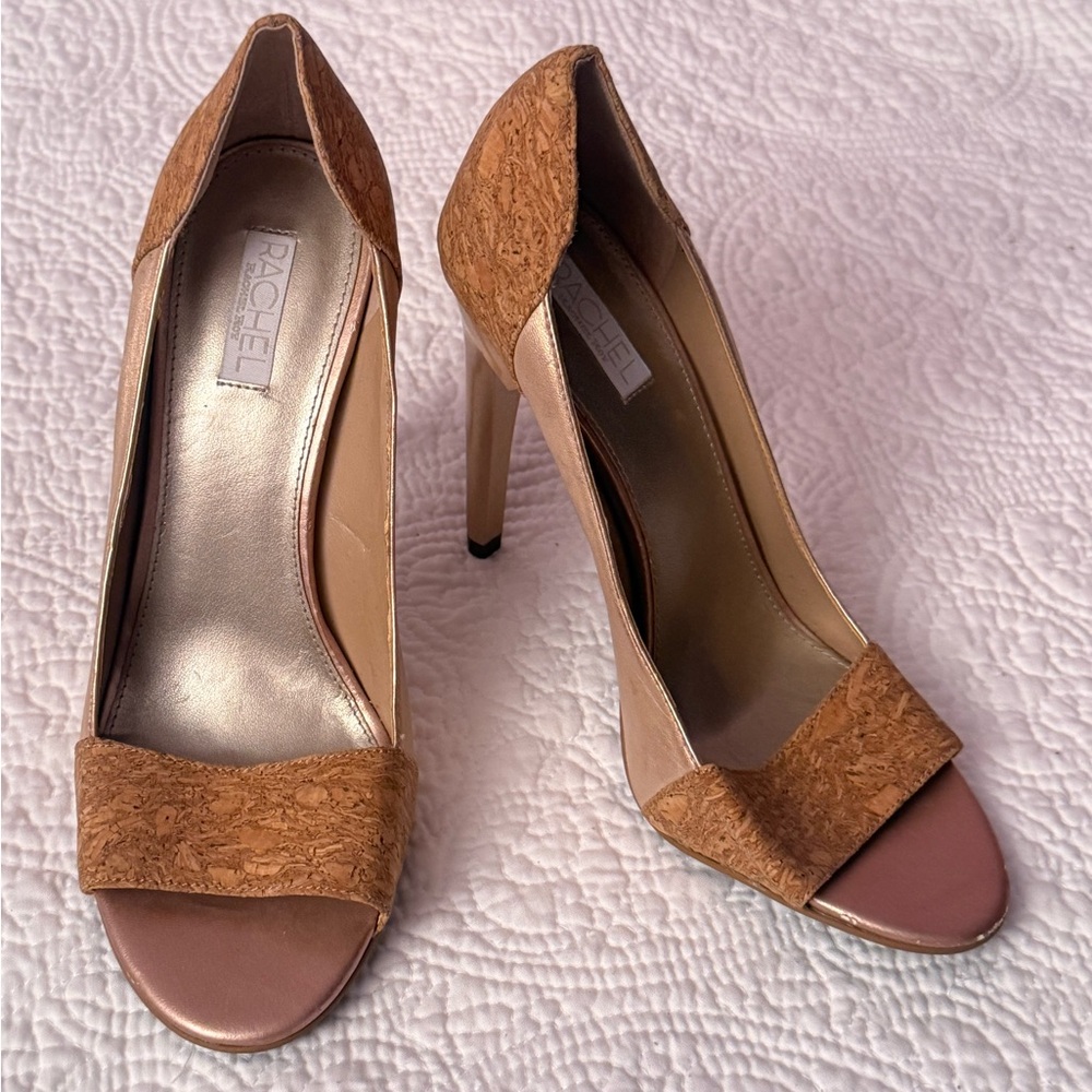 RACHEL Rachel - Femmaraye - Roy Cork & Tan Peep-Toe High Heels - size 7.5 - NEW
